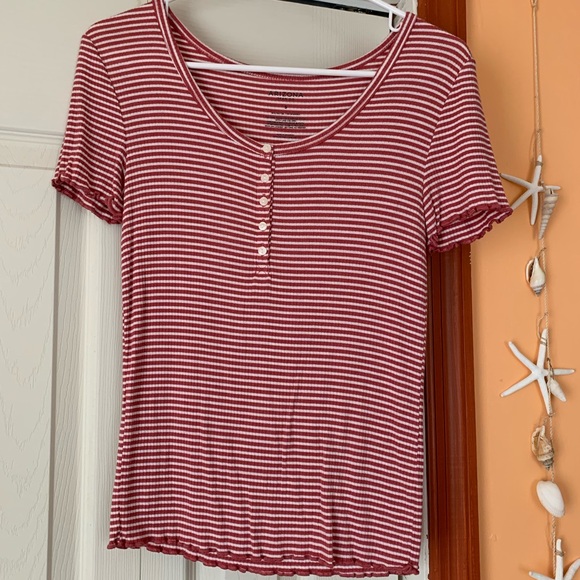 Arizona Women’s Pink White Striped Button Lettuce Short Sleeve Tee Size Small - Picture 1 of 4